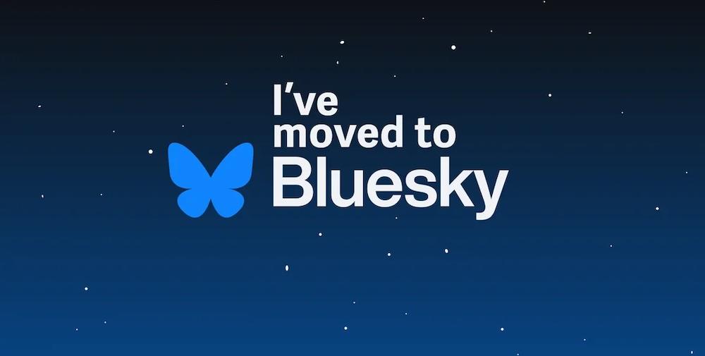Cover image for this post: A dusk-blue sky background with the text 'I've moved to Bluesky', and a bluesky butterfly.